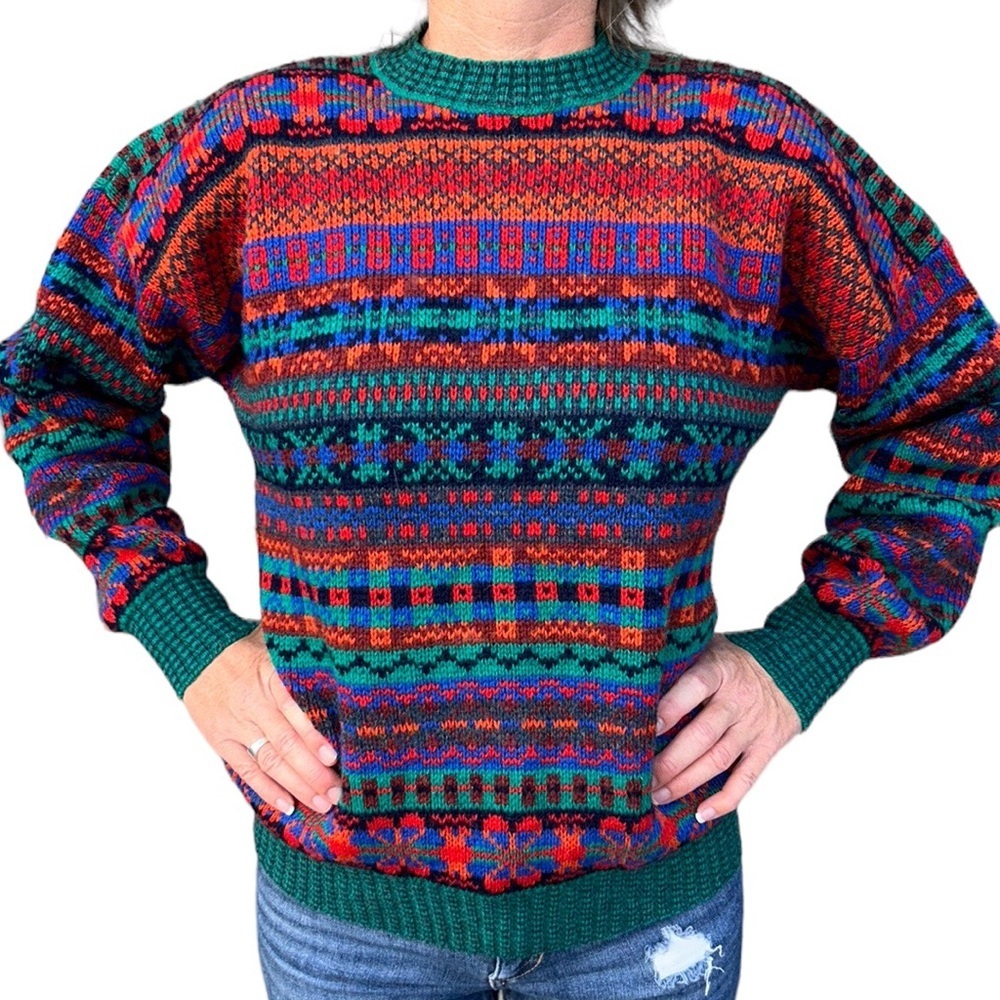 Vintage Wendy Lawrence Welsh Wool Sweater Hand Knit Bright Colors Fair Isle S-L
